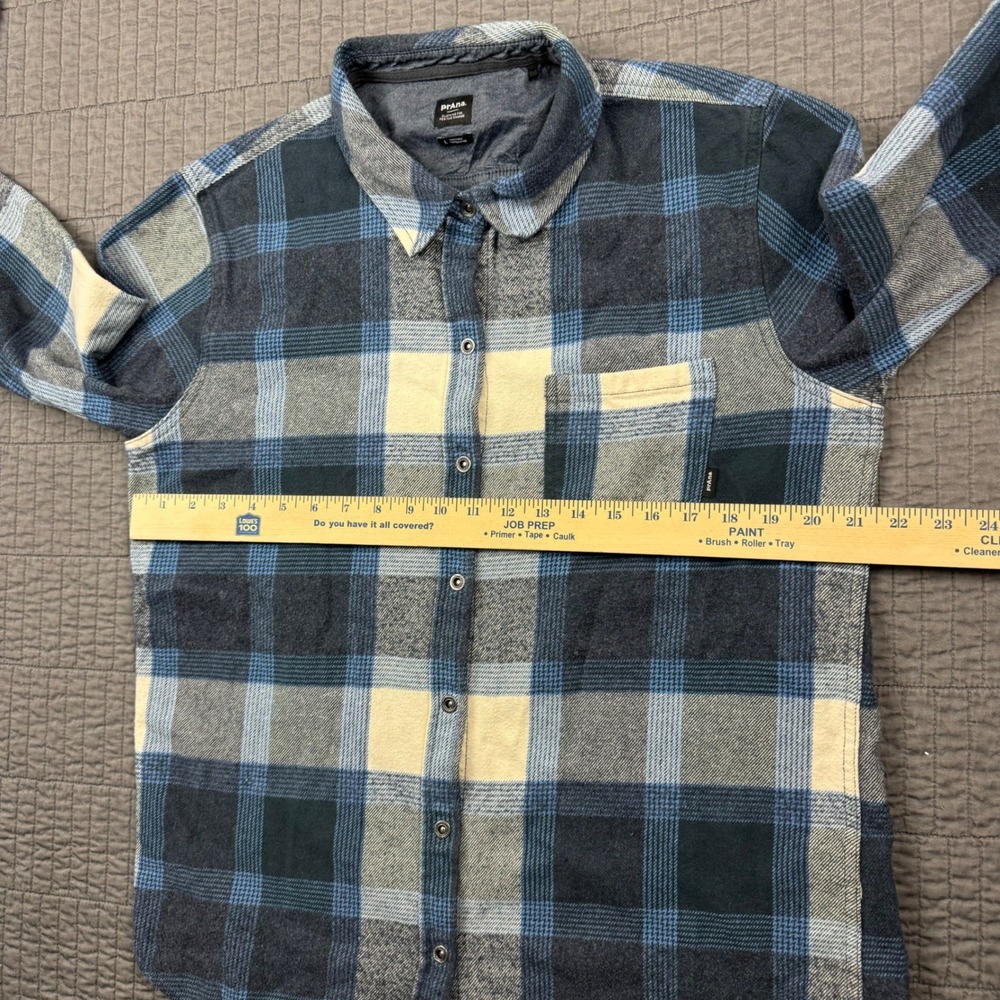 Prana Flannel Shirt Women Large Blue Plaid Golden Canyon Button Front Outdoors - Picture 8 of 12